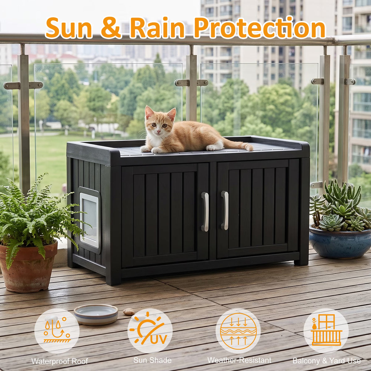 PLAYRANK Weatherproof Plastic Cat Litter Box Furniture Enclosure, Double Door Hidden Cat Toilet Cabinet, Multi-Purpose Pet Storage Bench, Indoor Outdoor Kitty Privacy House for Large Cats,Black/Gray.