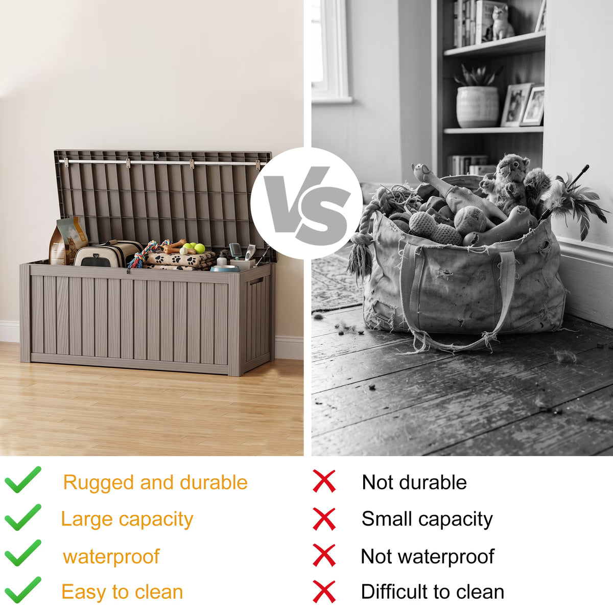 PLAYRANK Large Resin Outdoor Deck Storage Box, Waterproof Lockable Patio Organizer for Dog Toys, Pet Food & Pet Supplies, Weatherproof Wood Grain Design, Black/Gray.