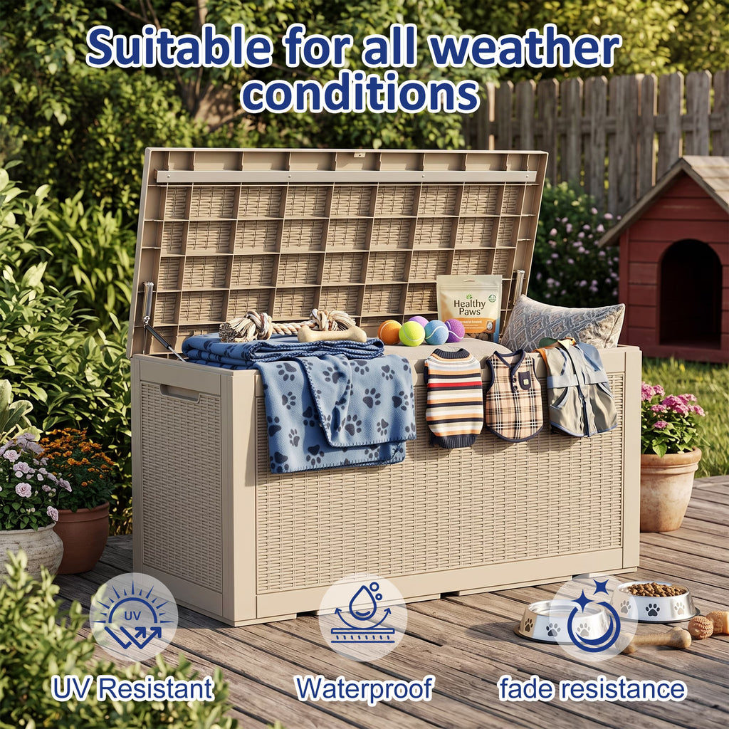 PLAYRANK 100 Gallon Resin Rattan Deck Storage Box, Waterproof Lockable Outdoor Patio Storage Bin for Dog Toys, Pet Food & Pet Supplies, Weather‑Resistant Rattan‑Style Design