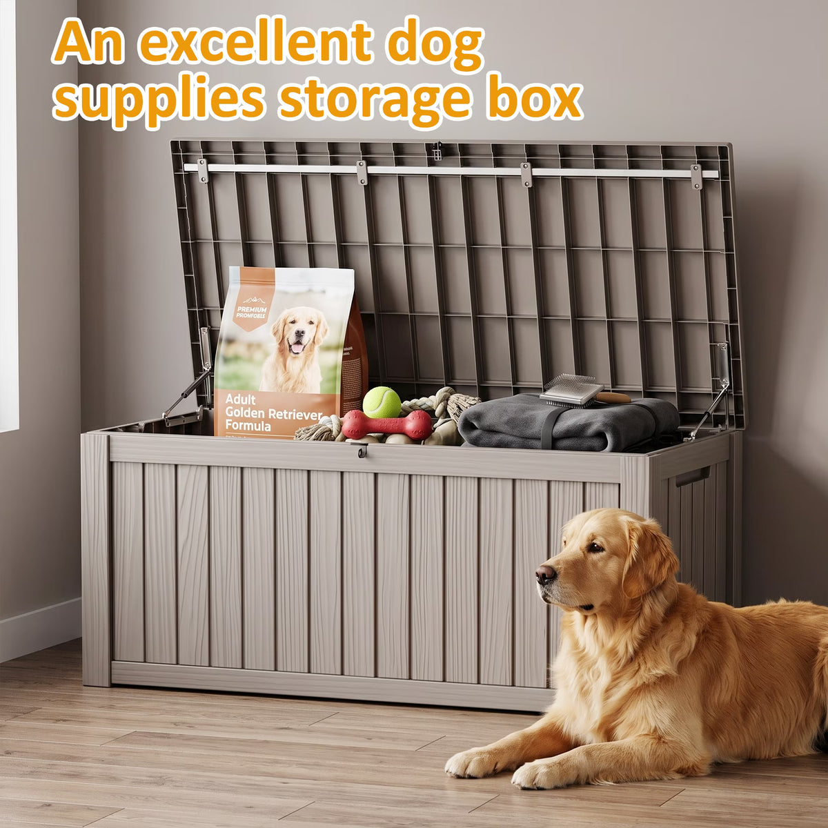 PLAYRANK Large Resin Outdoor Deck Storage Box, Waterproof Lockable Patio Organizer for Dog Toys, Pet Food & Pet Supplies, Weatherproof Wood Grain Design, Black/Gray.