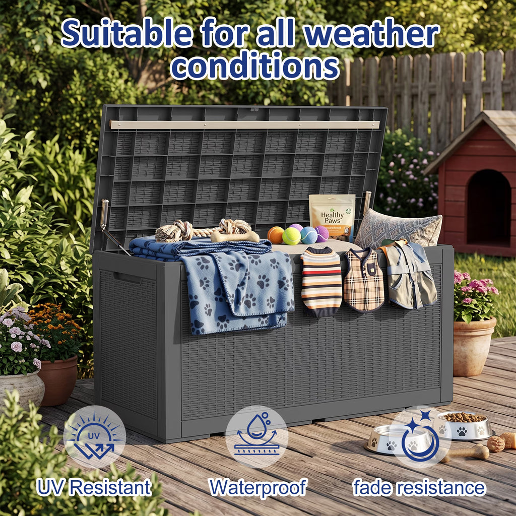 PLAYRANK 100 Gallon Resin Rattan Deck Storage Box, Waterproof Lockable Outdoor Patio Storage Bin for Dog Toys, Pet Food & Pet Supplies, Weather‑Resistant Rattan‑Style Design
