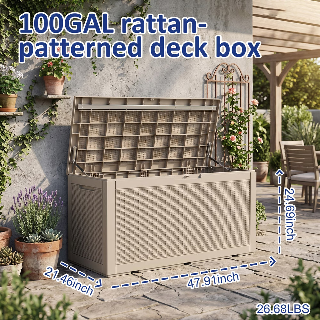 PLAYRANK 100 Gallon Resin Rattan Deck Storage Box, Waterproof Lockable Outdoor Patio Storage Bin for Dog Toys, Pet Food & Pet Supplies, Weather‑Resistant Rattan‑Style Design