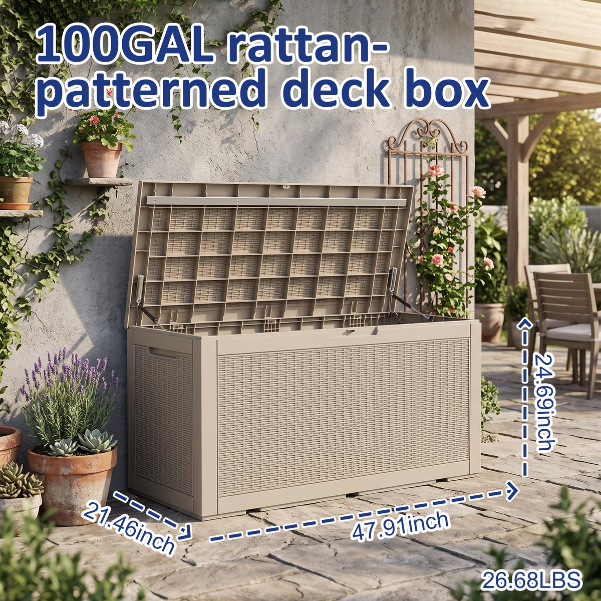 PLAYRANK 100 Gallon Resin Rattan Deck Storage Box, Waterproof Lockable Outdoor Patio Storage Bin for Dog Toys, Pet Food & Pet Supplies, Weather‑Resistant Rattan‑Style Design