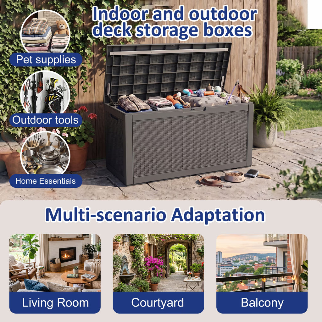 PLAYRANK 100 Gallon Resin Rattan Deck Storage Box, Waterproof Lockable Outdoor Patio Storage Bin for Dog Toys, Pet Food & Pet Supplies, Weather‑Resistant Rattan‑Style Design