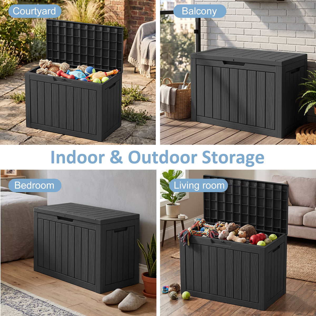 PLAYRANK 45 Gallon Resin Deck Storage Box, Waterproof Lockable Outdoor Patio Storage Bin for Dog & Cat Toys, Pet Food & Pet Supplies, Weather‑Resistant Wood Grain Design