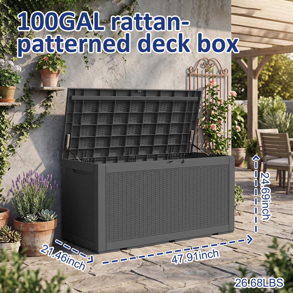 PLAYRANK 100 Gallon Resin Rattan Deck Storage Box, Waterproof Lockable Outdoor Patio Storage Bin for Dog Toys, Pet Food & Pet Supplies, Weather‑Resistant Rattan‑Style Design
