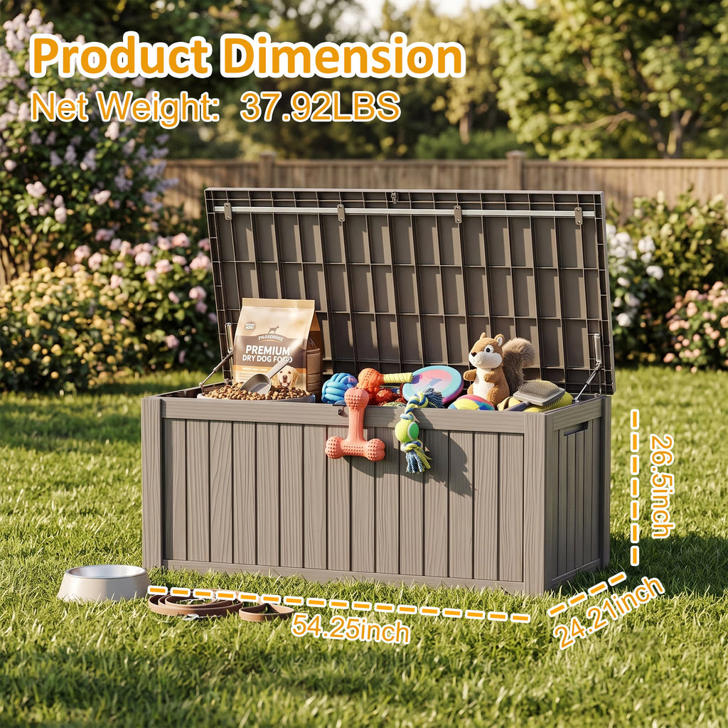 PLAYRANK Large Resin Outdoor Deck Storage Box, Waterproof Lockable Patio Organizer for Dog Toys, Pet Food & Pet Supplies, Weatherproof Wood Grain Design, Black/Gray.