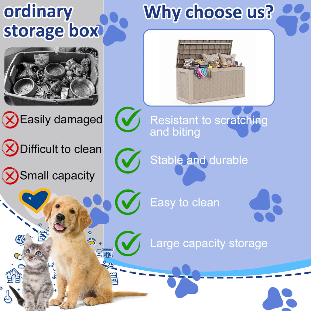 PLAYRANK 100 Gallon Resin Rattan Deck Storage Box, Waterproof Lockable Outdoor Patio Storage Bin for Dog Toys, Pet Food & Pet Supplies, Weather‑Resistant Rattan‑Style Design