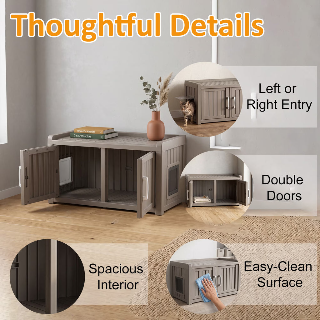 PLAYRANK Weatherproof Plastic Cat Litter Box Furniture Enclosure, Double Door Hidden Cat Toilet Cabinet, Multi-Purpose Pet Storage Bench, Indoor Outdoor Kitty Privacy House for Large Cats,Black/Gray.