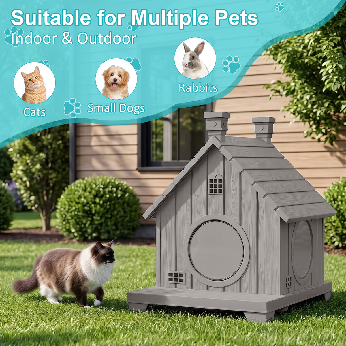 PLAYRANK All-Weather Resin Cat House with Two Round Doors, Raised Base Waterproof Outdoor Cat Cottage, Sturdy Pet Shelter for Stray & House Cats，Blue/ Gray.
