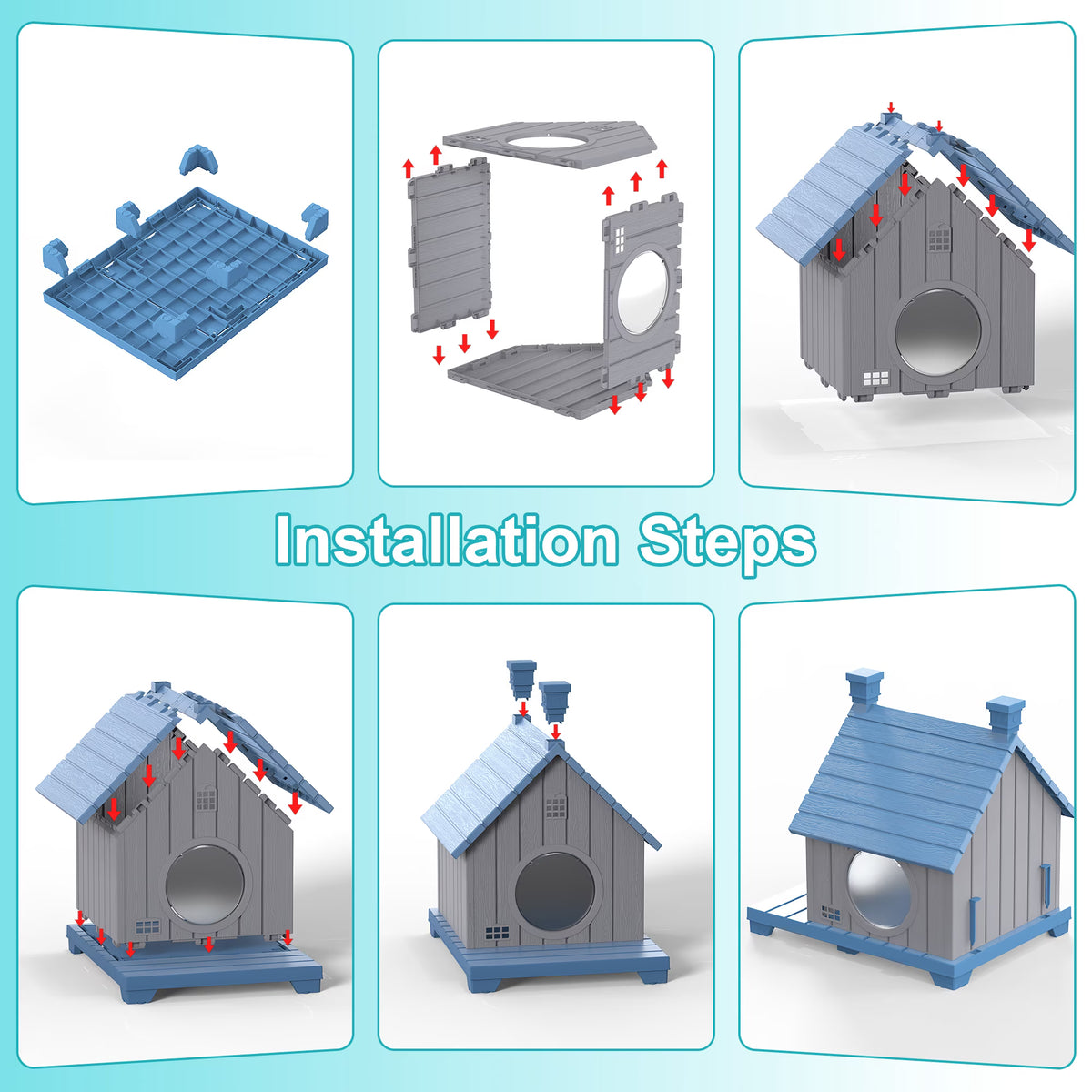 PLAYRANK All-Weather Resin Cat House with Two Round Doors, Raised Base Waterproof Outdoor Cat Cottage, Sturdy Pet Shelter for Stray & House Cats，Blue/ Gray.