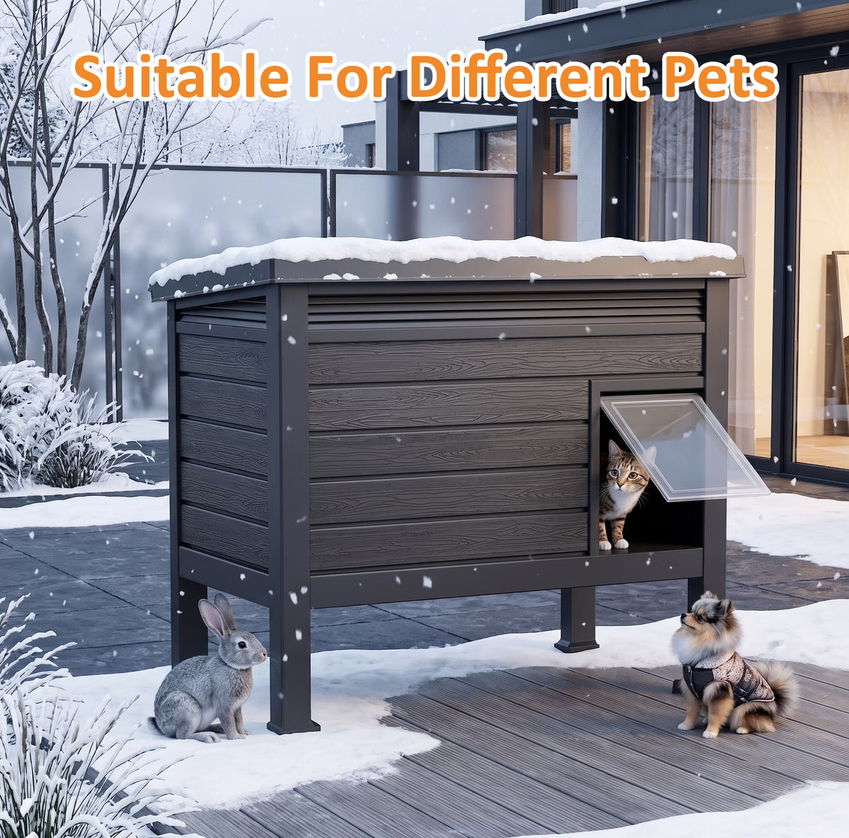 PLAYRANK Raised Base Weather Resistant Feral Cat Shelter, Single Compartment Outdoor Stray Cat House for Backyard Patio Use，Black.