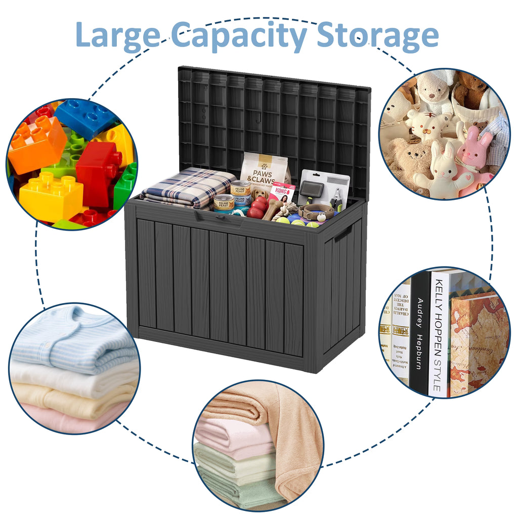 PLAYRANK 45 Gallon Resin Deck Storage Box, Waterproof Lockable Outdoor Patio Storage Bin for Dog & Cat Toys, Pet Food & Pet Supplies, Weather‑Resistant Wood Grain Design