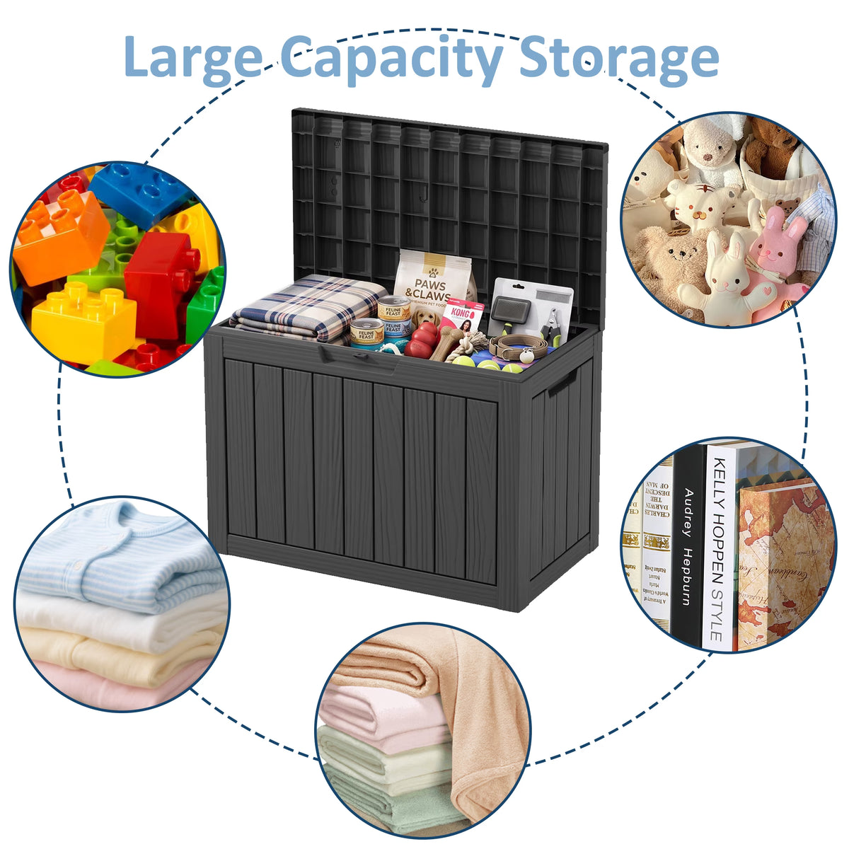 PLAYRANK 45 Gallon Resin Deck Storage Box, Waterproof Lockable Outdoor Patio Storage Bin for Dog & Cat Toys, Pet Food & Pet Supplies, Weather‑Resistant Wood Grain Design