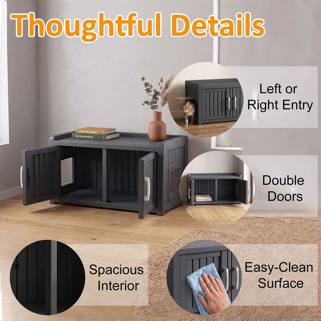 PLAYRANK Weatherproof Plastic Cat Litter Box Furniture Enclosure, Double Door Hidden Cat Toilet Cabinet, Multi-Purpose Pet Storage Bench, Indoor Outdoor Kitty Privacy House for Large Cats,Black/Gray.