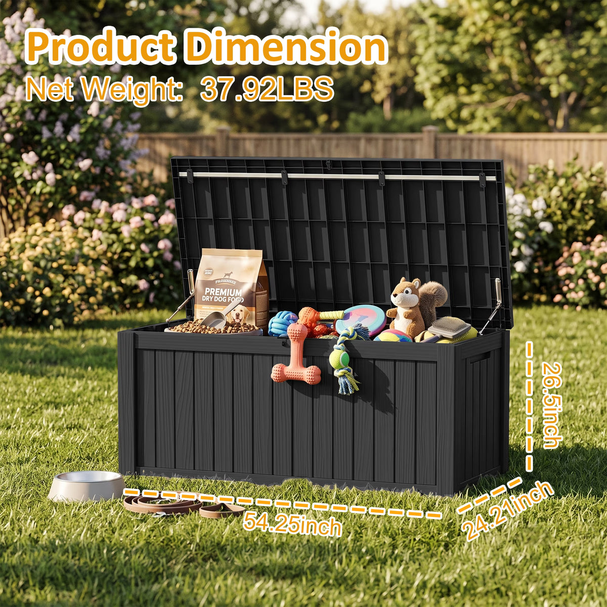 PLAYRANK Large Resin Outdoor Deck Storage Box, Waterproof Lockable Patio Organizer for Dog Toys, Pet Food & Pet Supplies, Weatherproof Wood Grain Design, Black/Gray.