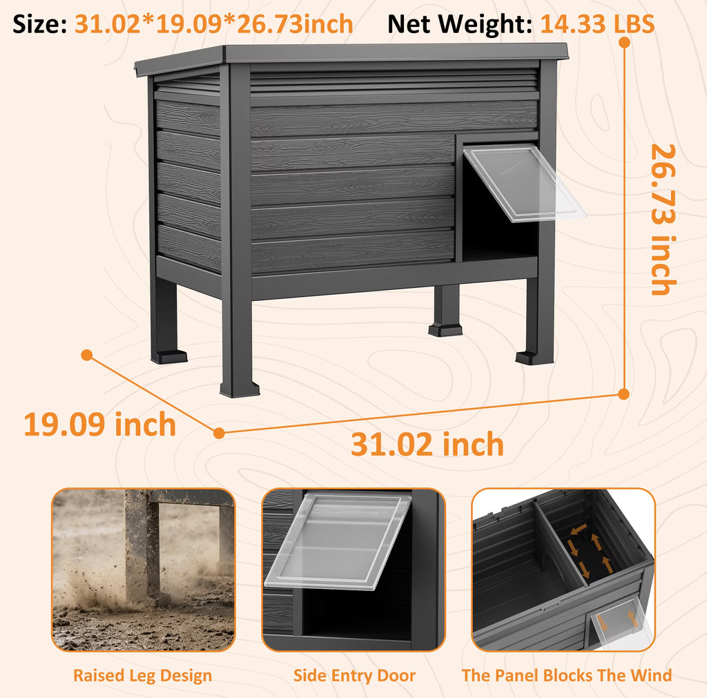 PLAYRANK Raised Base Weather Resistant Feral Cat Shelter, Single Compartment Outdoor Stray Cat House for Backyard Patio Use，Black.