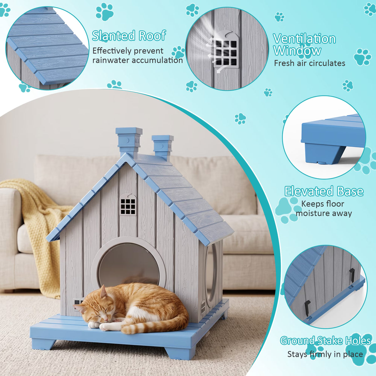 PLAYRANK All-Weather Resin Cat House with Two Round Doors, Raised Base Waterproof Outdoor Cat Cottage, Sturdy Pet Shelter for Stray & House Cats，Blue/ Gray.