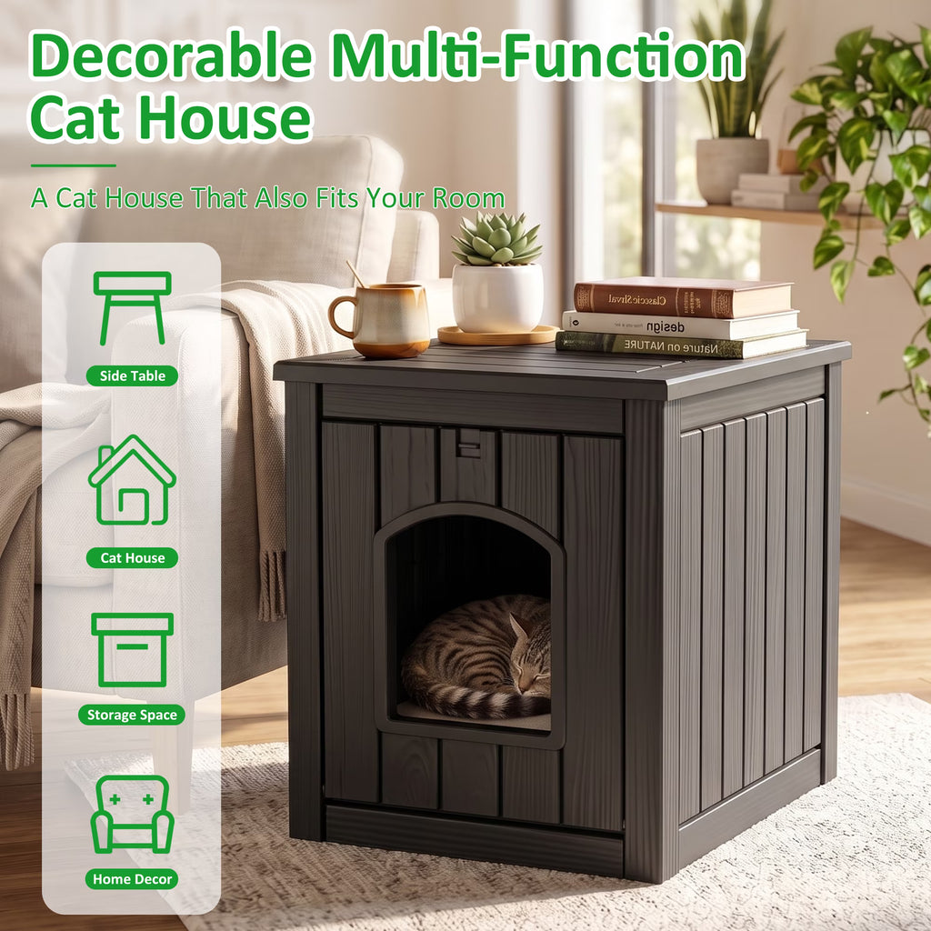 PLAYRANK Indoor Outdoor Plastic Cat Kennel with Flat Load-Bearing Top, Multi-Purpose Pet House Can Be Used as Patio Storage Side Table for Small Pets