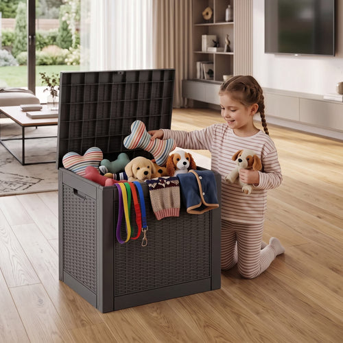 PLAYRANK 30 Gallon Rattan Textured Resin Deck Box, Waterproof Lockable Indoor Outdoor Storage Bin, Organizer for Dog Toys, Patio Cushions, Garden Tools & Pool Accessories, Black/Gray