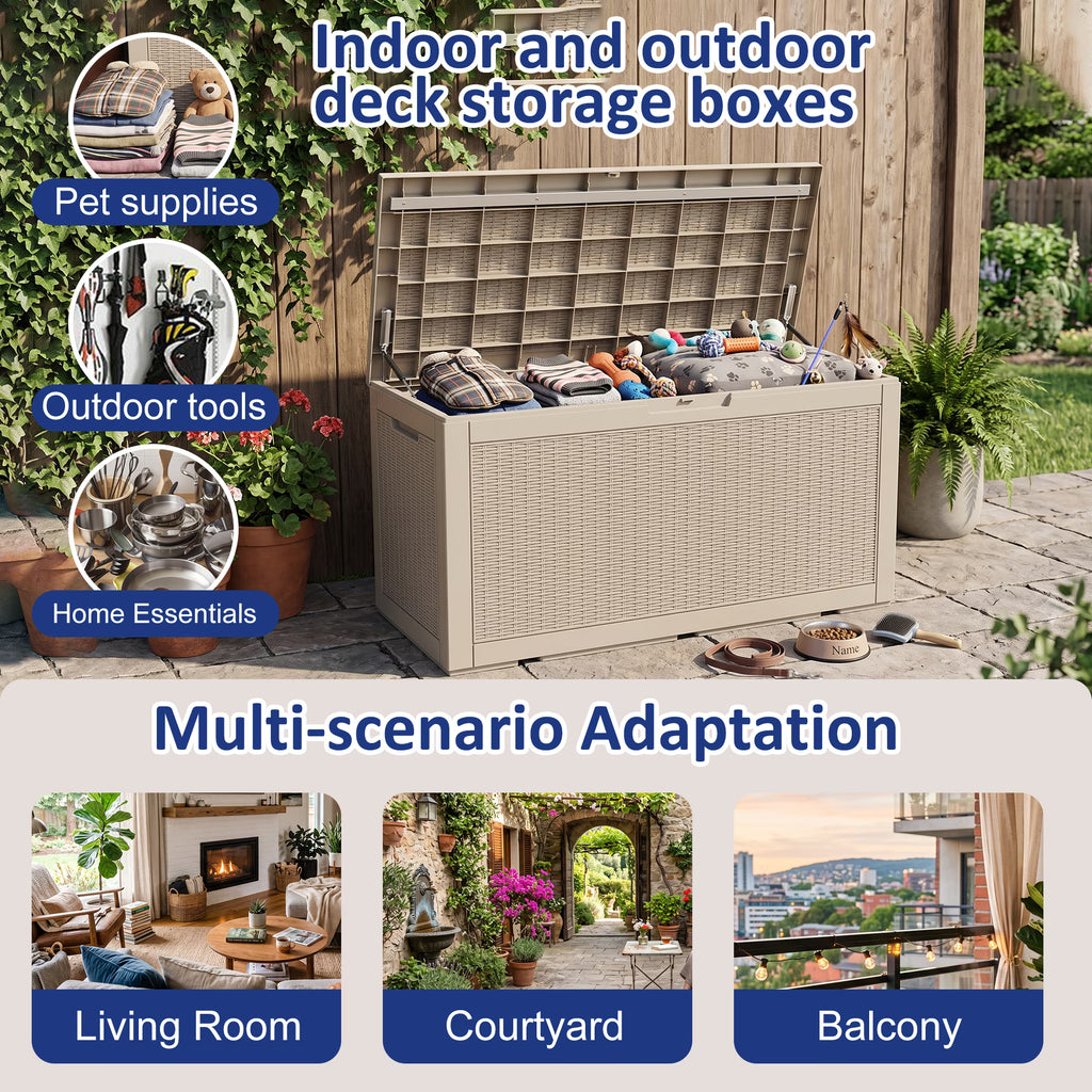 PLAYRANK 100 Gallon Resin Rattan Deck Storage Box, Waterproof Lockable Outdoor Patio Storage Bin for Dog Toys, Pet Food & Pet Supplies, Weather‑Resistant Rattan‑Style Design