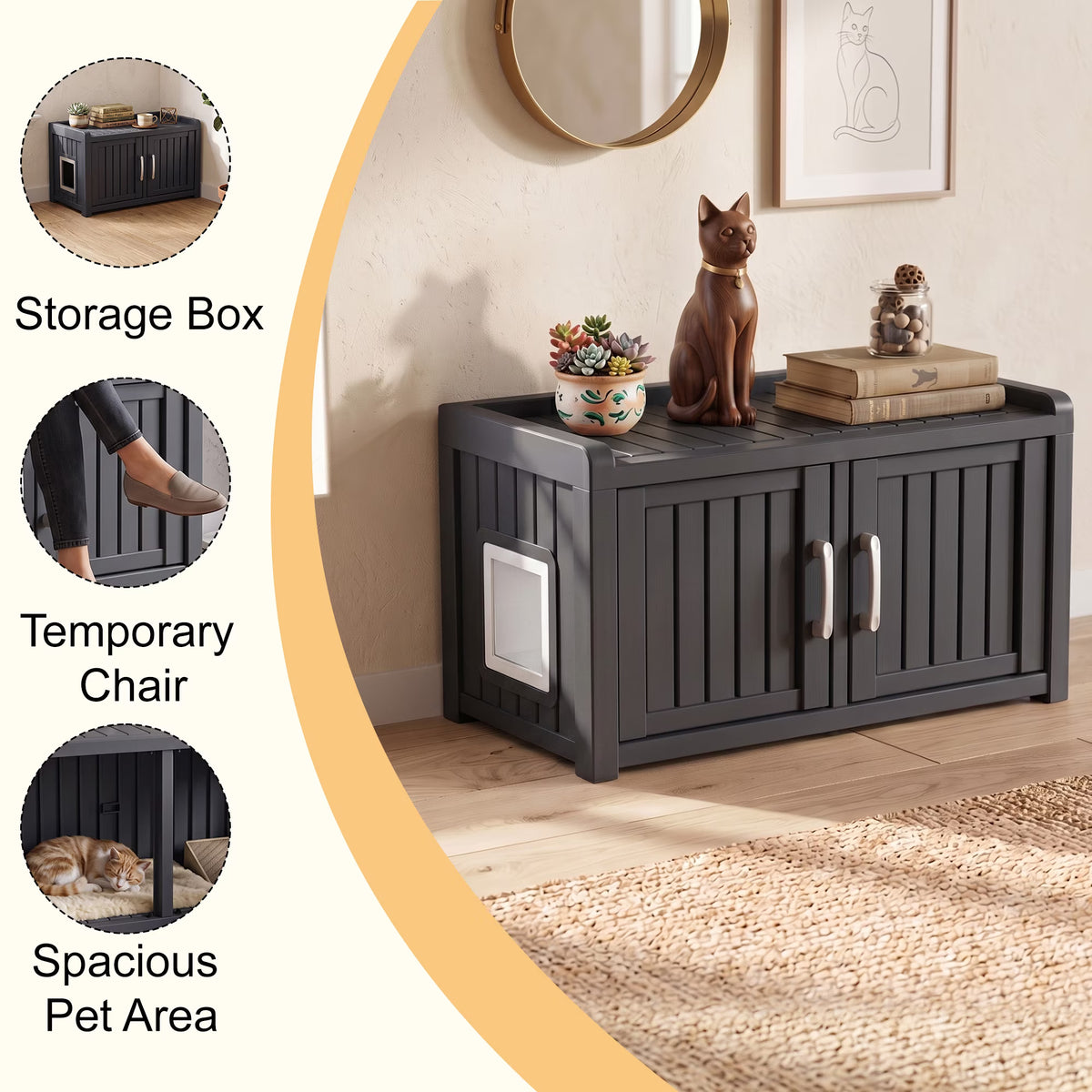 PLAYRANK Weatherproof Plastic Cat Litter Box Furniture Enclosure, Double Door Hidden Cat Toilet Cabinet, Multi-Purpose Pet Storage Bench, Indoor Outdoor Kitty Privacy House for Large Cats,Black/Gray.