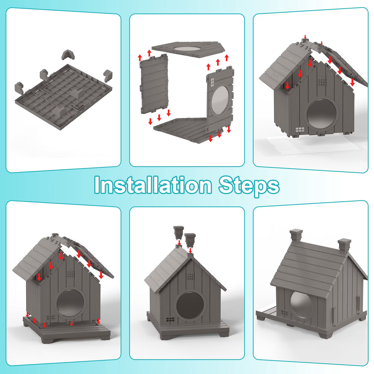 PLAYRANK All-Weather Resin Cat House with Two Round Doors, Raised Base Waterproof Outdoor Cat Cottage, Sturdy Pet Shelter for Stray & House Cats，Blue/ Gray.