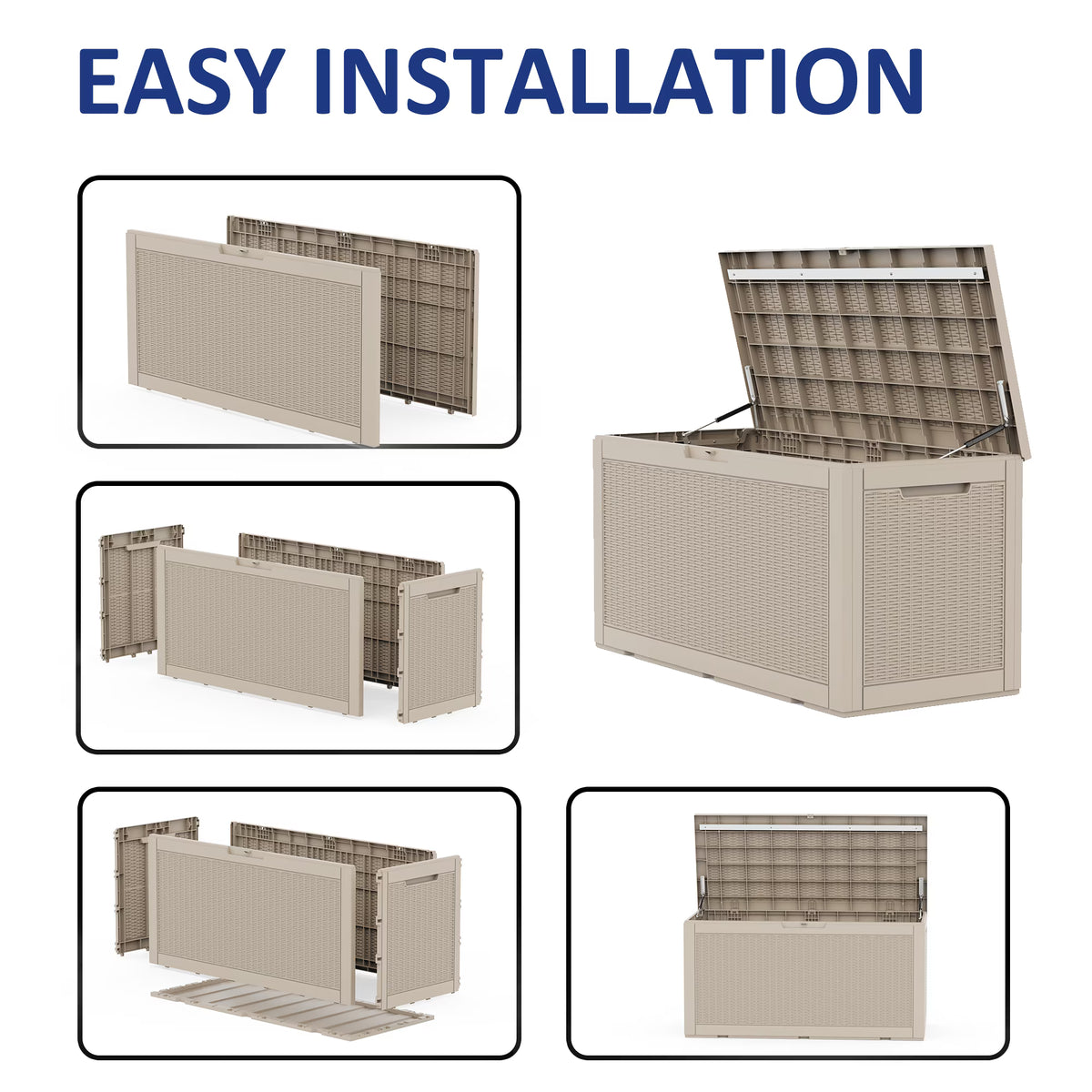 PLAYRANK 100 Gallon Resin Rattan Deck Storage Box, Waterproof Lockable Outdoor Patio Storage Bin for Dog Toys, Pet Food & Pet Supplies, Weather‑Resistant Rattan‑Style Design