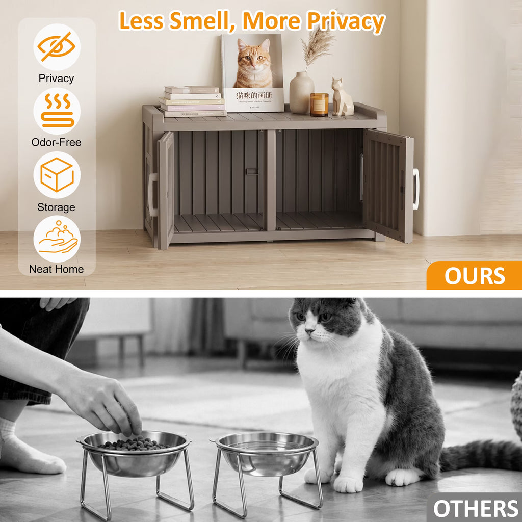 PLAYRANK Weatherproof Plastic Cat Litter Box Furniture Enclosure, Double Door Hidden Cat Toilet Cabinet, Multi-Purpose Pet Storage Bench, Indoor Outdoor Kitty Privacy House for Large Cats,Black/Gray.