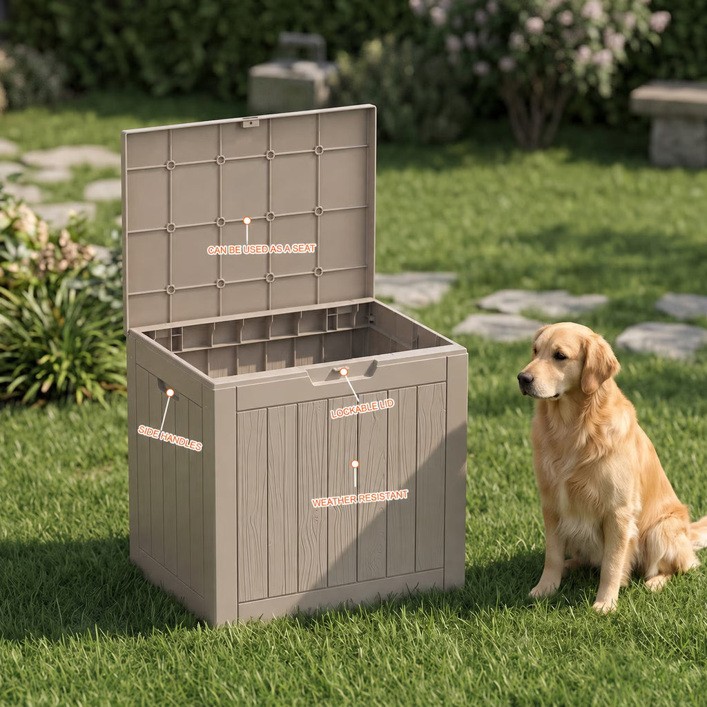 PLAYRANK 30 Gallon Resin Deck Box, Waterproof Flip-Top Storage Box for Dog, Indoor & Outdoor Organizer, Black/Gray.