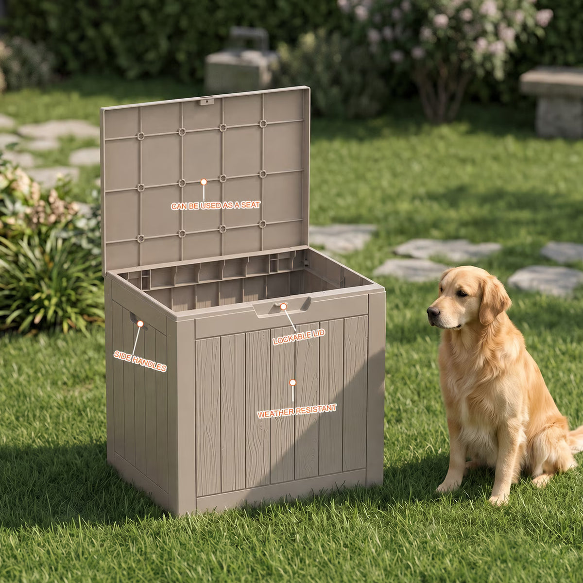 PLAYRANK 30 Gallon Resin Deck Box, Waterproof Flip-Top Storage Box for Dog, Indoor & Outdoor Organizer, Black/Gray.