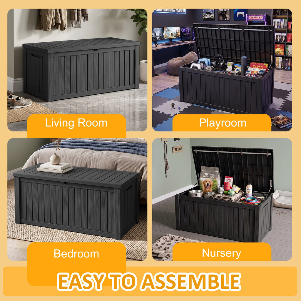 PLAYRANK Large Resin Outdoor Deck Storage Box, Waterproof Lockable Patio Organizer for Dog Toys, Pet Food & Pet Supplies, Weatherproof Wood Grain Design, Black/Gray.
