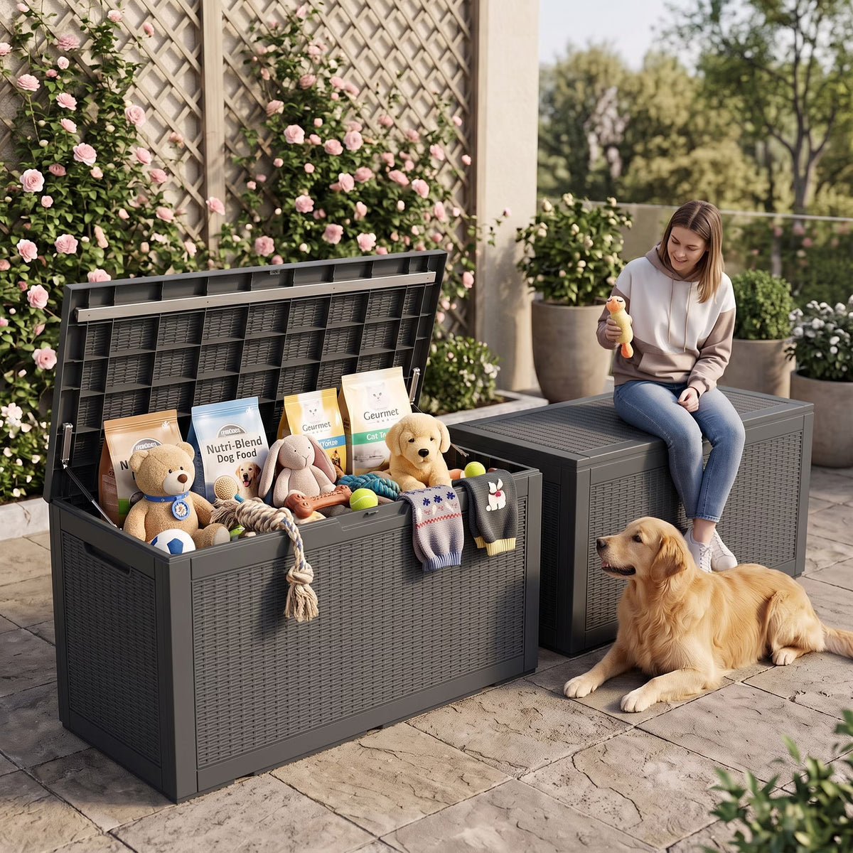 PLAYRANK 100 Gallon Resin Rattan Deck Storage Box, Waterproof Lockable Outdoor Patio Storage Bin for Dog Toys, Pet Food & Pet Supplies, Weather‑Resistant Rattan‑Style Design