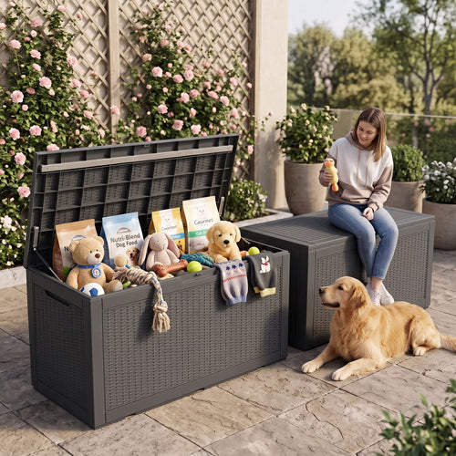 PLAYRANK 100 Gallon Resin Rattan Deck Storage Box, Waterproof Lockable Outdoor Patio Storage Bin for Dog Toys, Pet Food & Pet Supplies, Weather‑Resistant Rattan‑Style Design
