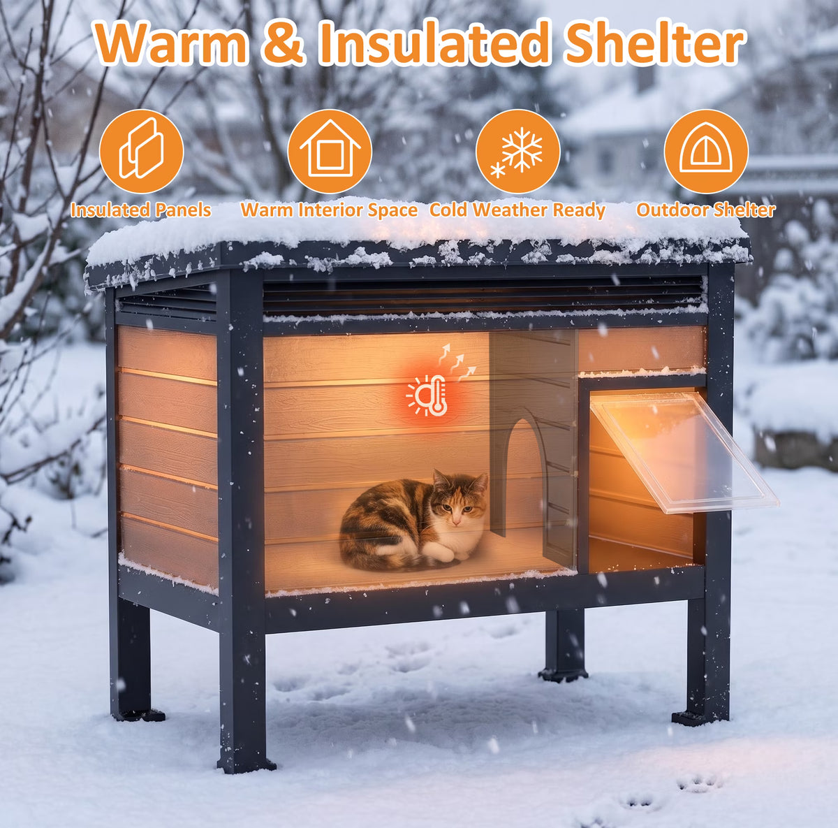 PLAYRANK Raised Base Weather Resistant Feral Cat Shelter, Single Compartment Outdoor Stray Cat House for Backyard Patio Use，Black.