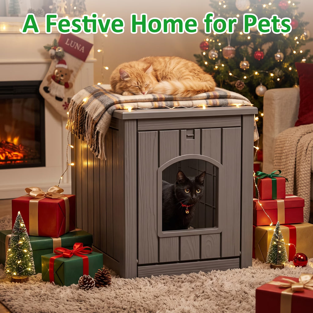 PLAYRANK Indoor Outdoor Plastic Cat Kennel with Flat Load-Bearing Top, Multi-Purpose Pet House Can Be Used as Patio Storage Side Table for Small Pets