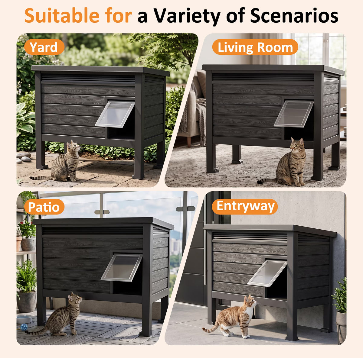 PLAYRANK Raised Base Weather Resistant Feral Cat Shelter, Single Compartment Outdoor Stray Cat House for Backyard Patio Use，Black.