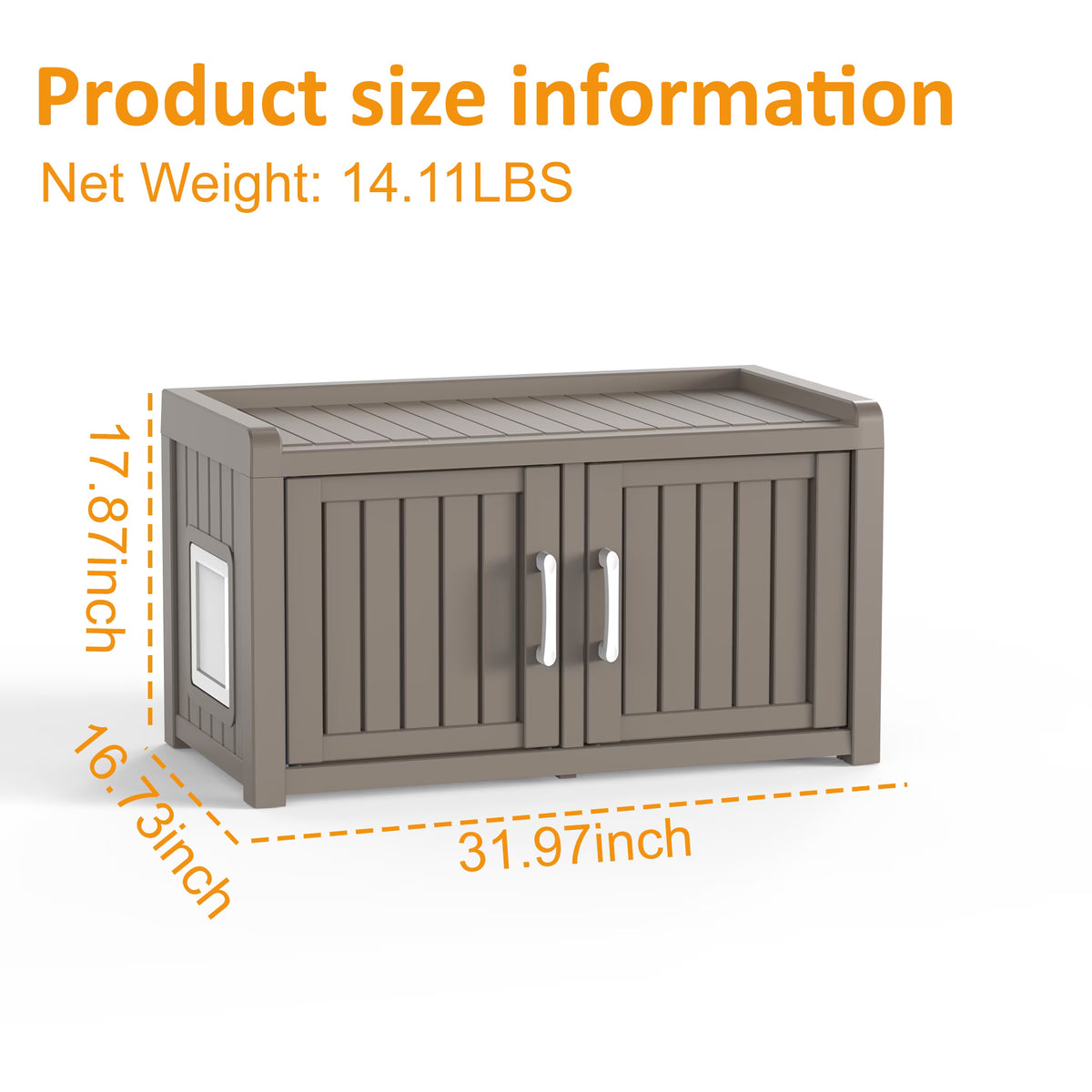 PLAYRANK Weatherproof Plastic Cat Litter Box Furniture Enclosure, Double Door Hidden Cat Toilet Cabinet, Multi-Purpose Pet Storage Bench, Indoor Outdoor Kitty Privacy House for Large Cats,Black/Gray.