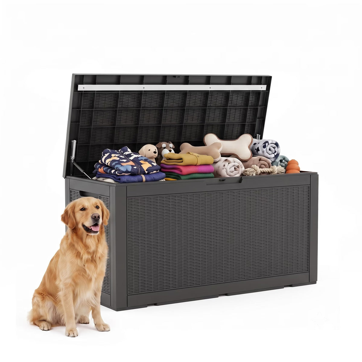 PLAYRANK 100 Gallon Resin Rattan Deck Storage Box, Waterproof Lockable Outdoor Patio Storage Bin for Dog Toys, Pet Food & Pet Supplies, Weather‑Resistant Rattan‑Style Design