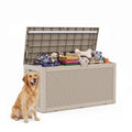 PLAYRANK 100 Gallon Resin Rattan Deck Storage Box, Waterproof Lockable Outdoor Patio Storage Bin for Dog Toys, Pet Food & Pet Supplies, Weather‑Resistant Rattan‑Style Design