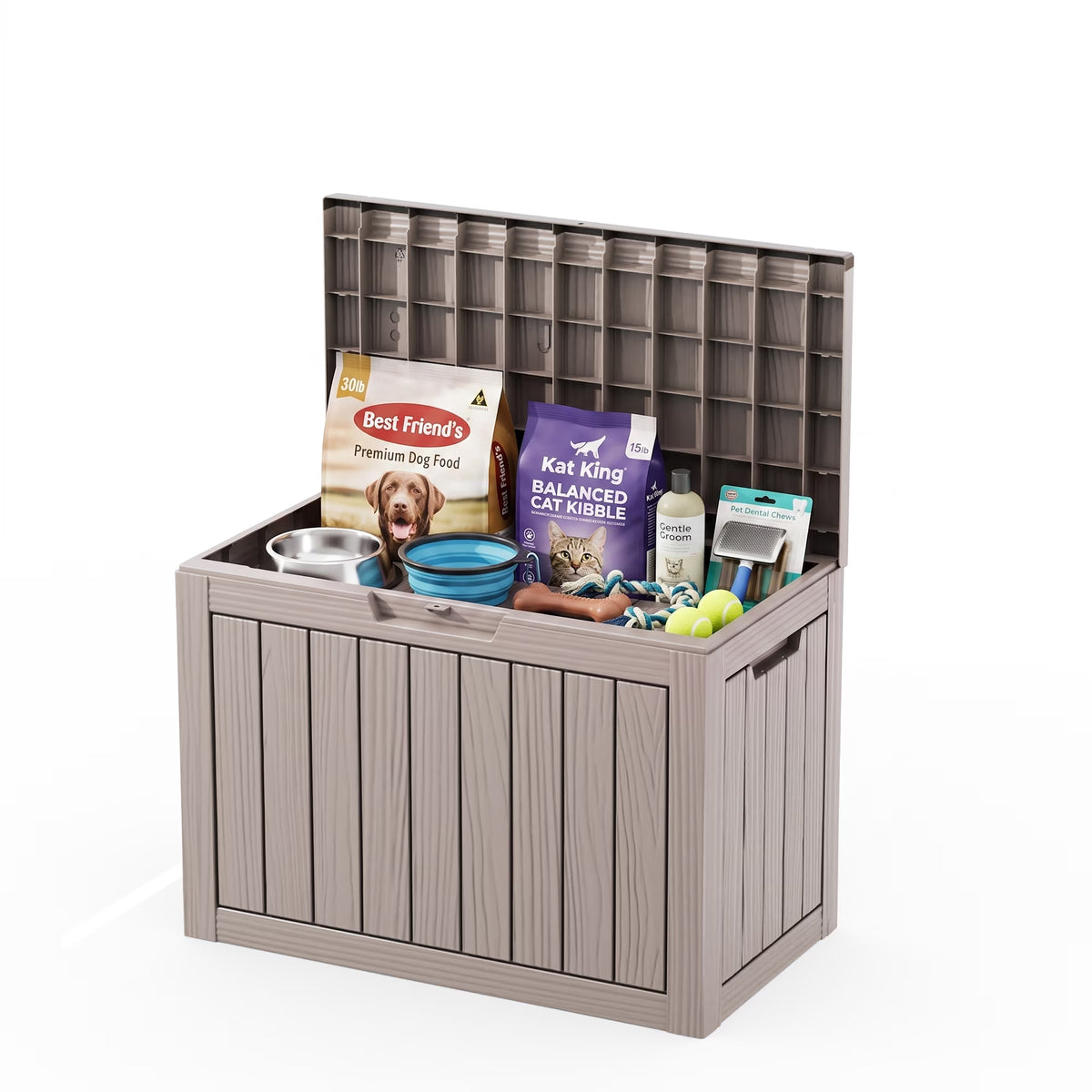 PLAYRANK 45 Gallon Resin Deck Storage Box, Waterproof Lockable Outdoor Patio Storage Bin for Dog & Cat Toys, Pet Food & Pet Supplies, Weather‑Resistant Wood Grain Design