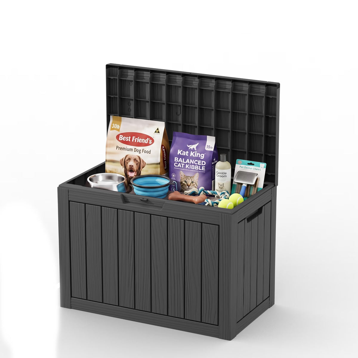 PLAYRANK 45 Gallon Resin Deck Storage Box, Waterproof Lockable Outdoor Patio Storage Bin for Dog & Cat Toys, Pet Food & Pet Supplies, Weather‑Resistant Wood Grain Design