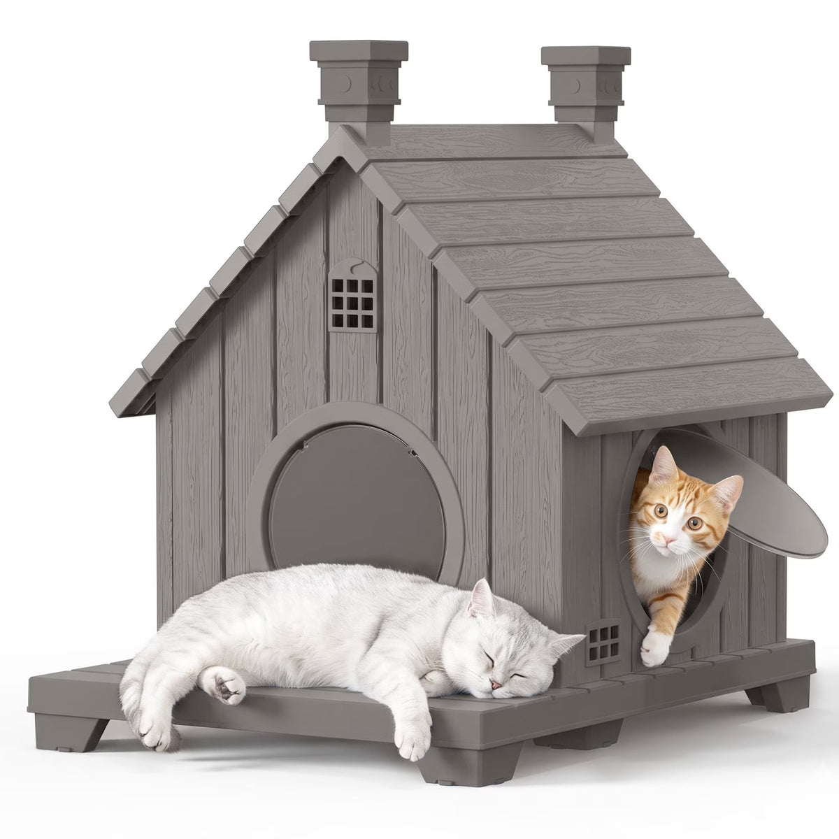 PLAYRANK All-Weather Resin Cat House with Two Round Doors, Raised Base Waterproof Outdoor Cat Cottage, Sturdy Pet Shelter for Stray & House Cats，Blue/ Gray.