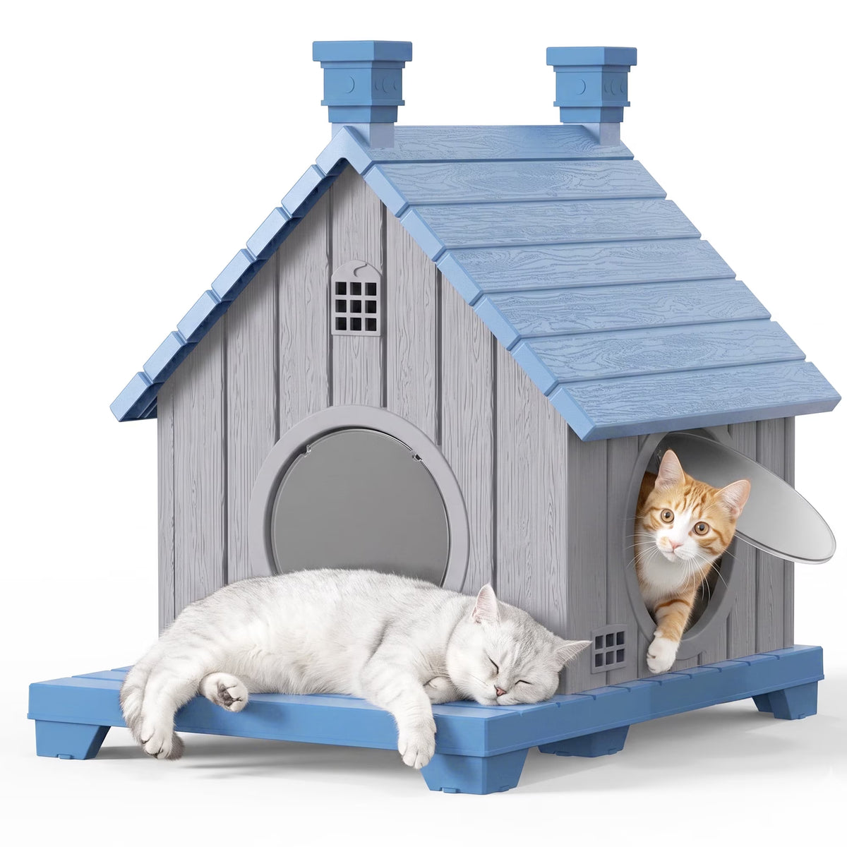 PLAYRANK All-Weather Resin Cat House with Two Round Doors, Raised Base Waterproof Outdoor Cat Cottage, Sturdy Pet Shelter for Stray & House Cats，Blue/ Gray.