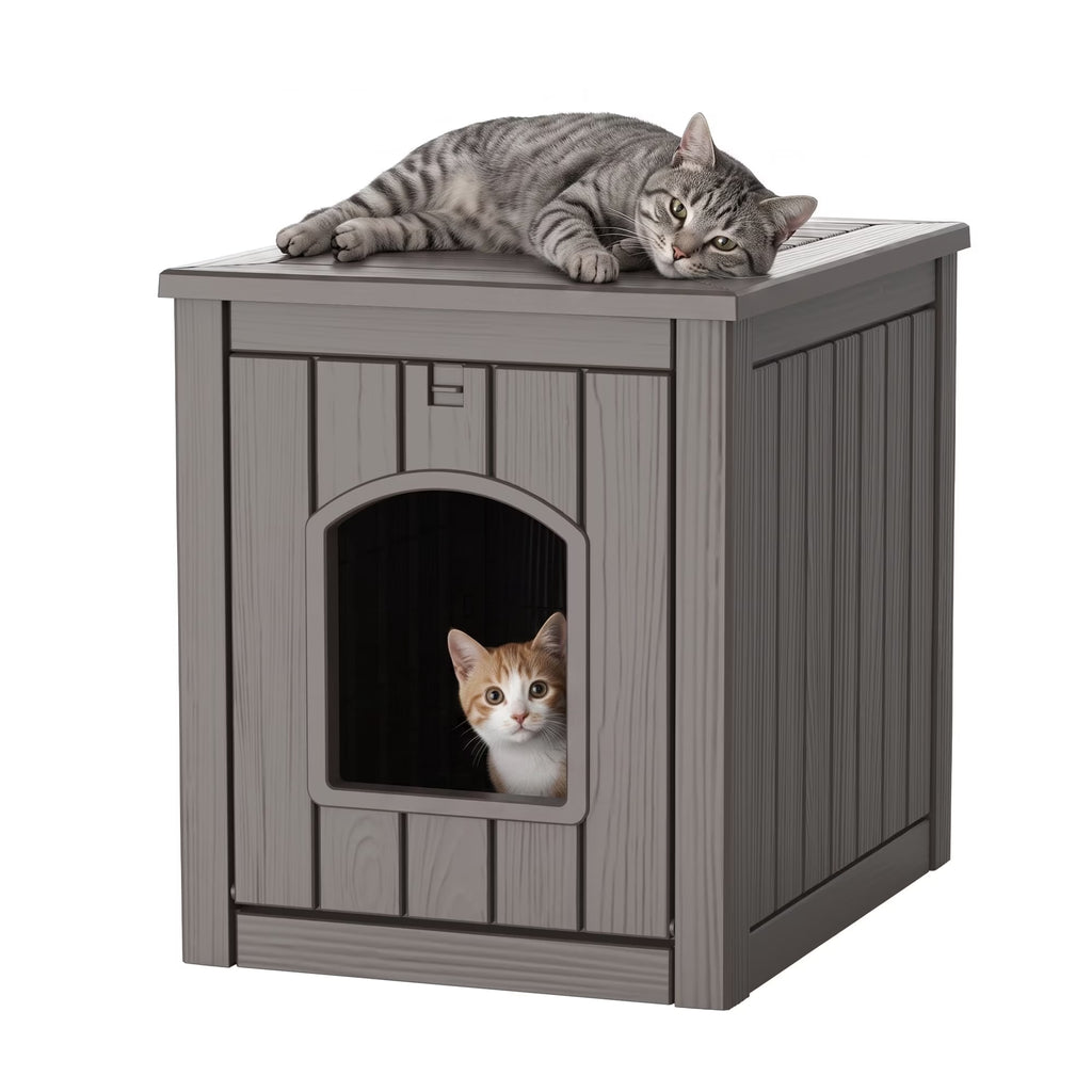 PLAYRANK Indoor Outdoor Plastic Cat Kennel with Flat Load-Bearing Top, Multi-Purpose Pet House Can Be Used as Patio Storage Side Table for Small Pets