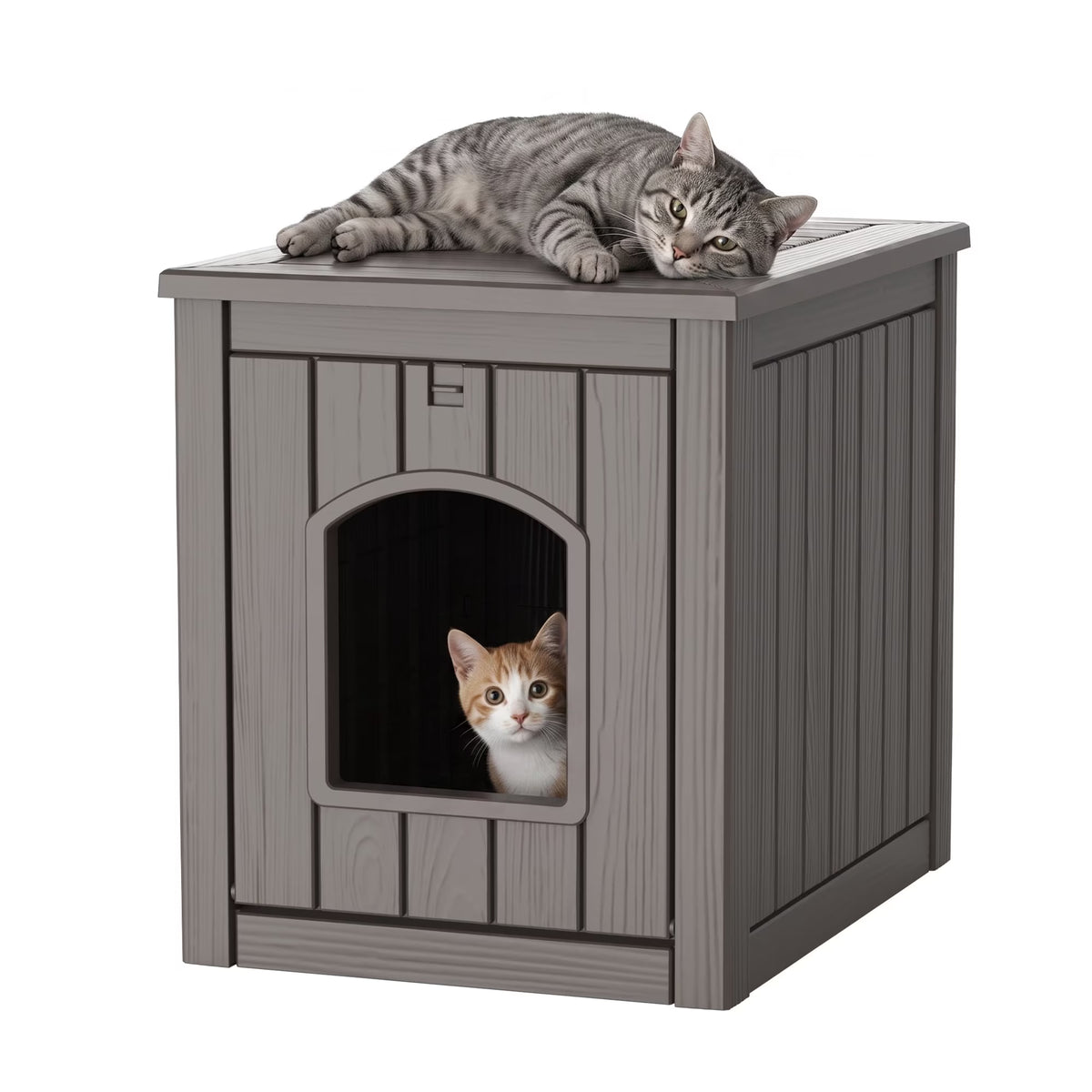 PLAYRANK Indoor Outdoor Plastic Cat Kennel with Flat Load-Bearing Top, Multi-Purpose Pet House Can Be Used as Patio Storage Side Table for Small Pets
