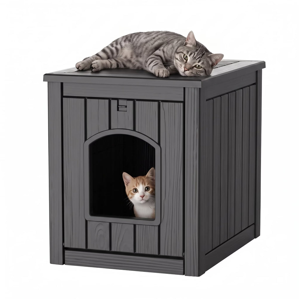 PLAYRANK Indoor Outdoor Plastic Cat Kennel with Flat Load-Bearing Top, Multi-Purpose Pet House Can Be Used as Patio Storage Side Table for Small Pets