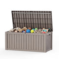 PLAYRANK Large Resin Outdoor Deck Storage Box, Waterproof Lockable Patio Organizer for Dog Toys, Pet Food & Pet Supplies, Weatherproof Wood Grain Design, Black/Gray.