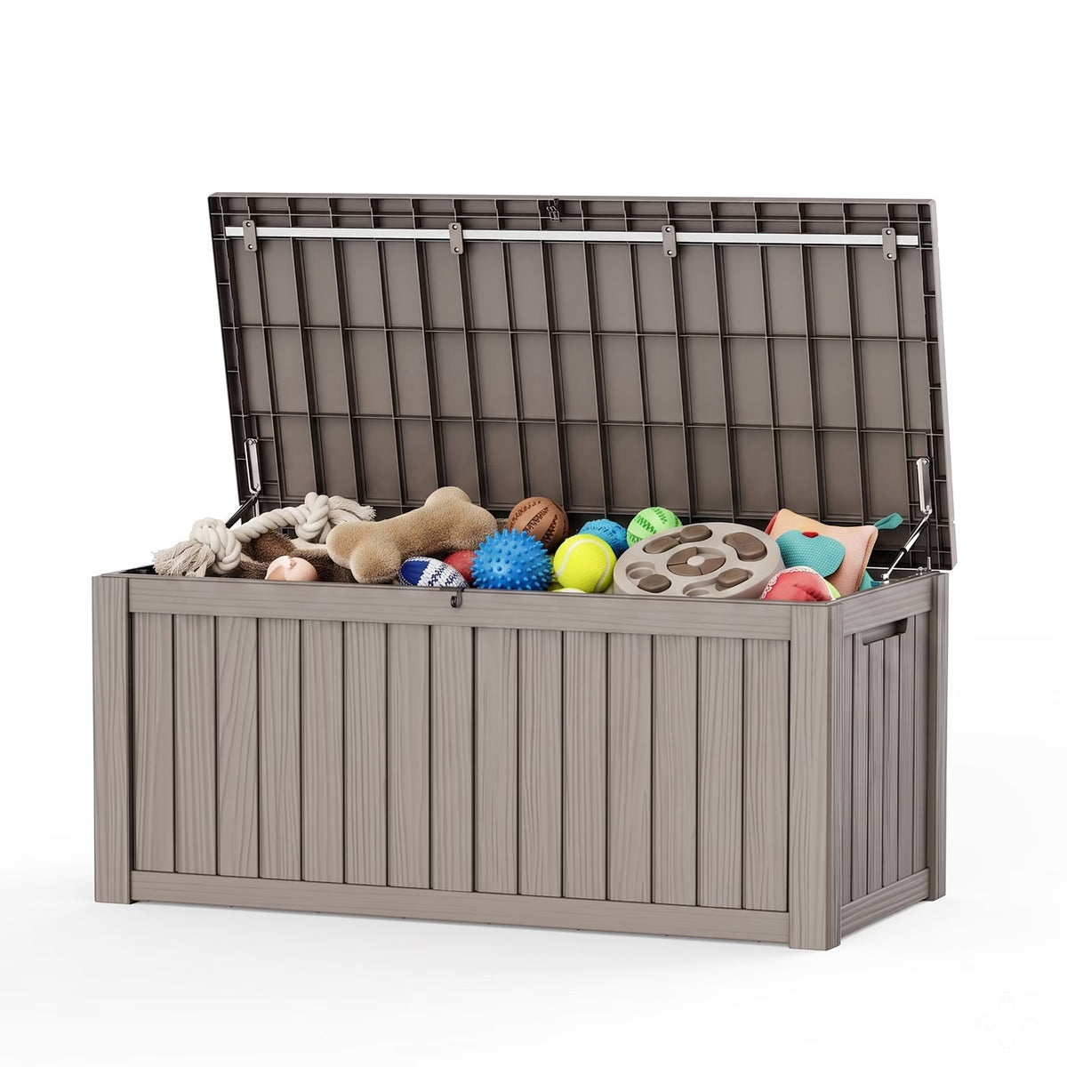 PLAYRANK Large Resin Outdoor Deck Storage Box, Waterproof Lockable Patio Organizer for Dog Toys, Pet Food & Pet Supplies, Weatherproof Wood Grain Design, Black/Gray.