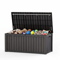 PLAYRANK Large Resin Outdoor Deck Storage Box, Waterproof Lockable Patio Organizer for Dog Toys, Pet Food & Pet Supplies, Weatherproof Wood Grain Design, Black/Gray.